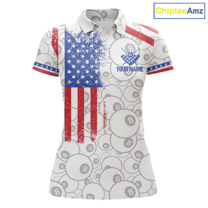 White American flag 8 ball billiard polo shirt for women with patriotic pool team graphics.