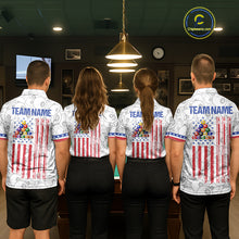 Load image into Gallery viewer, Back view of pool players wearing matching white 8 ball billiard shirts in a game room.