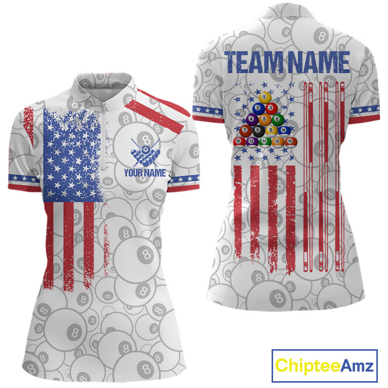White American flag 8 ball billiard quarter zip shirt for women designed for league tournaments and team events.