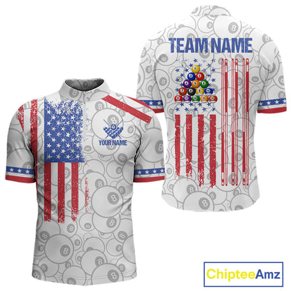 White American flag 8 ball billiard quarter zip shirt for men designed for league tournaments and team events.