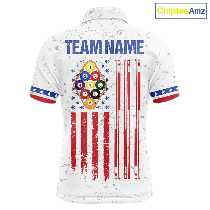 White American flag 9 ball billiard polo shirt for men with patriotic pool team graphics.