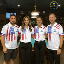 Load image into Gallery viewer, Pool team wearing matching white American flag 9 ball billiard jerseys during tournament competition front view.