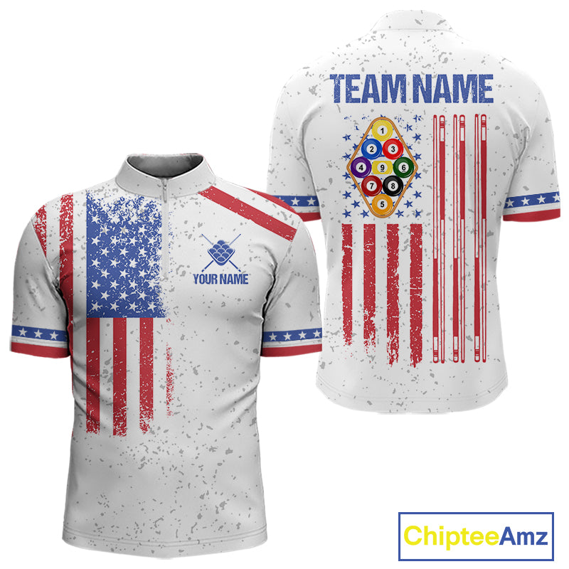 White American flag 9 ball billiard quarter zip shirt for men built for tournaments and league play.