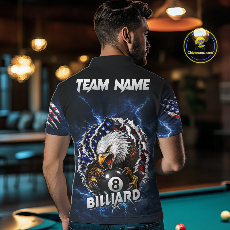Man wearing a blue lightning American flag eagle 8 ball billiard jersey beside a pool table front view.