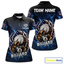 Load image into Gallery viewer, Blue lightning American flag eagle 8 ball billiard polo shirt for women with patriotic pool team graphics.
