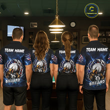 Load image into Gallery viewer, Pool team wearing matching blue lightning eagle 8 ball billiard jerseys during league matches front view.
