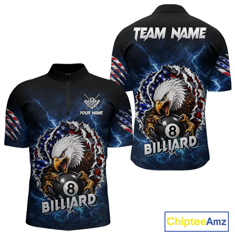 Blue lightning American flag eagle 8 ball billiard polo shirt for men with patriotic pool team graphics.