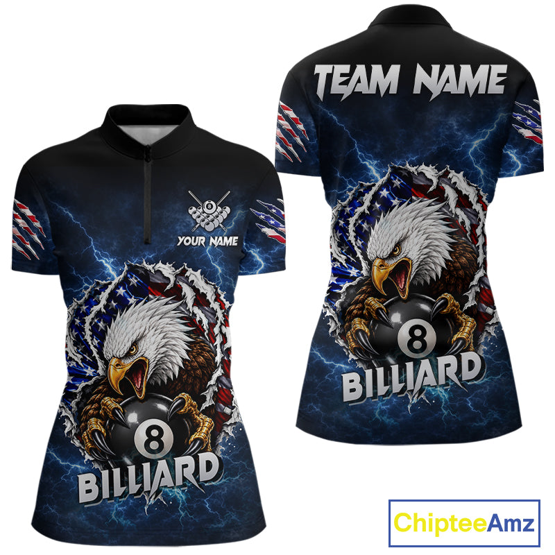 Blue lightning American flag eagle 8 ball billiard polo shirt for women with patriotic pool team graphics.