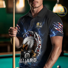 Load image into Gallery viewer, Man wearing a blue lightning eagle American flag 8 ball and 9 ball billiard jersey beside a pool table front view.