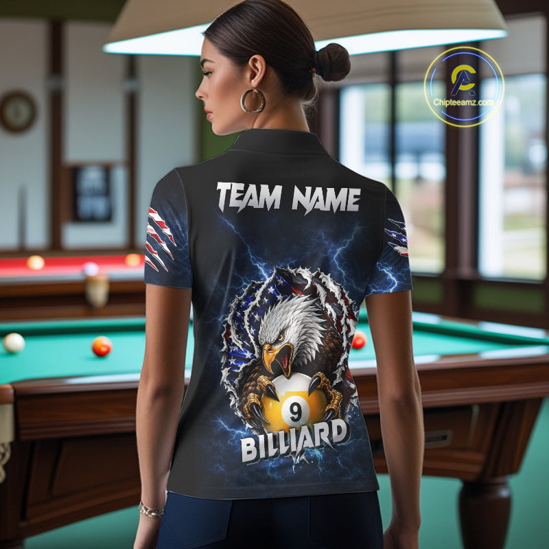 Back view of woman wearing a blue lightning eagle patriotic pool shirt in a billiards hall.