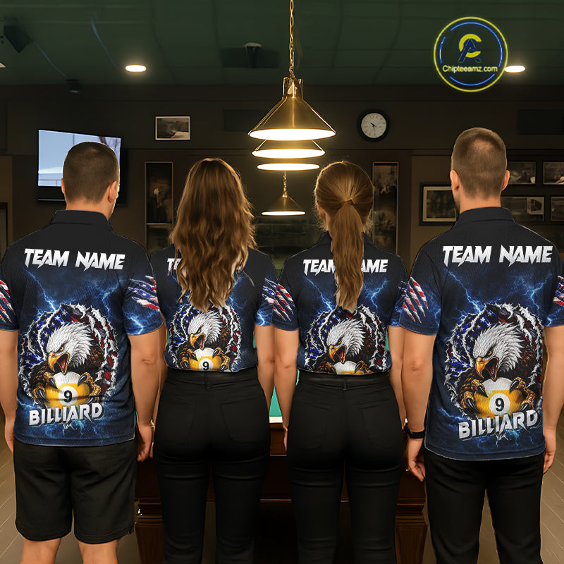 Back view of pool players wearing matching blue lightning eagle billiard shirts in a game room.