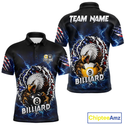 Blue lightning eagle American flag 8 ball and 9 ball billiard polo shirt for men with patriotic pool team graphics.