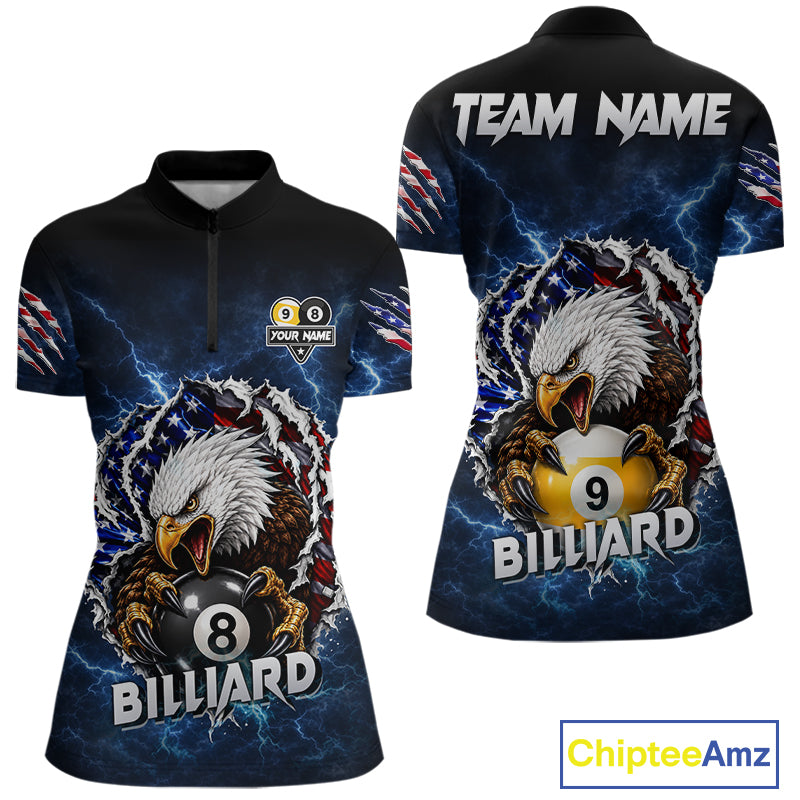 Blue lightning eagle American flag 8 ball and 9 ball billiard quarter zip shirt for women built for tournaments and league competition.
