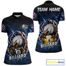 Load image into Gallery viewer, Blue lightning eagle American flag 8 ball and 9 ball billiard quarter zip shirt for women built for tournaments and league competition.
