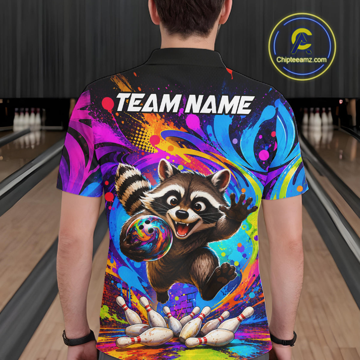 Man wearing funny colorful raccoon bowling polo shirt back view.
