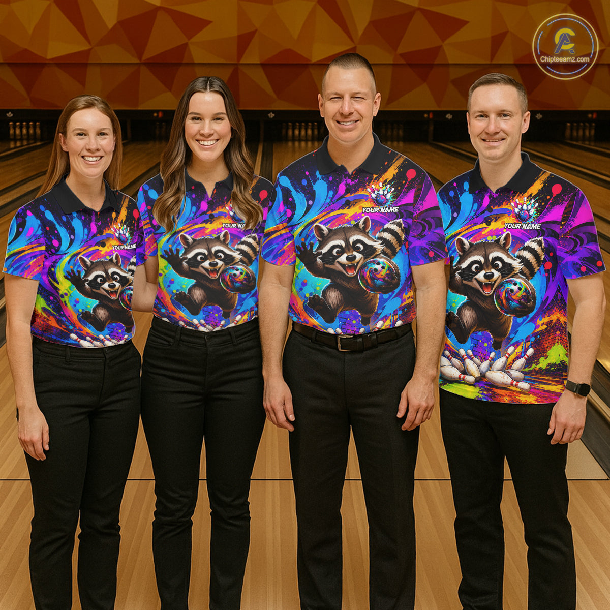 Bowling team wearing matching colorful raccoon bowling jerseys front view.