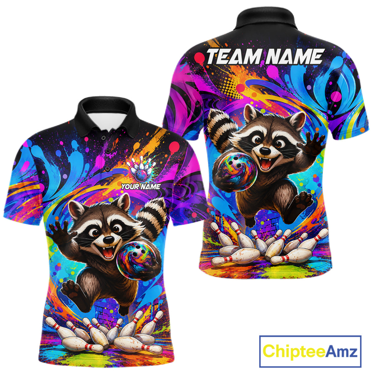 Funny colorful raccoon bowling team jersey polo shirt for men, custom bowling league apparel with playful raccoon design and vibrant colors.