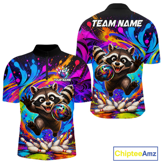 Funny colorful raccoon bowling team quarter zip shirt for men, custom bowling league jersey with colorful raccoon artwork.