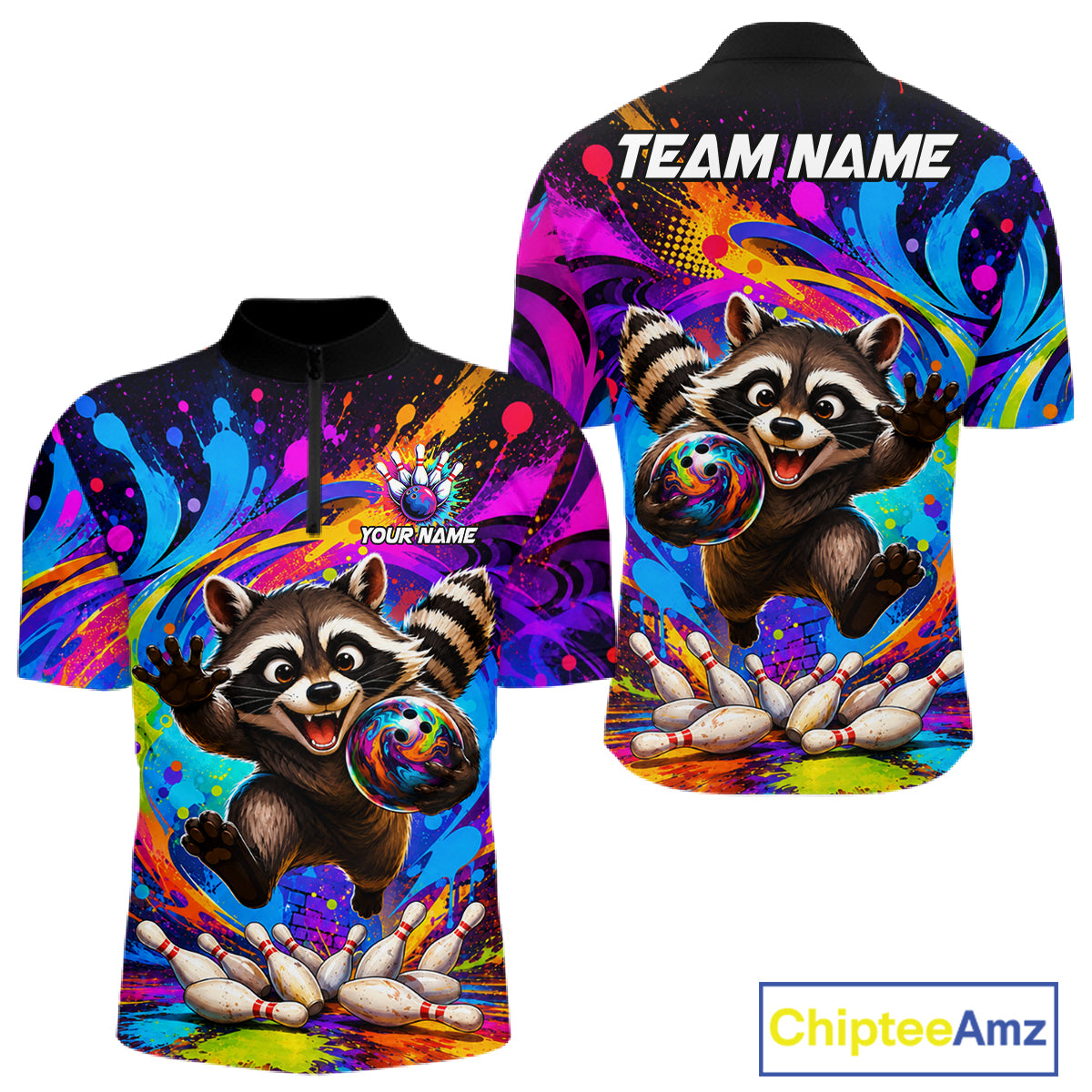 Funny colorful raccoon bowling team quarter zip shirt for men, custom bowling league jersey with colorful raccoon artwork.