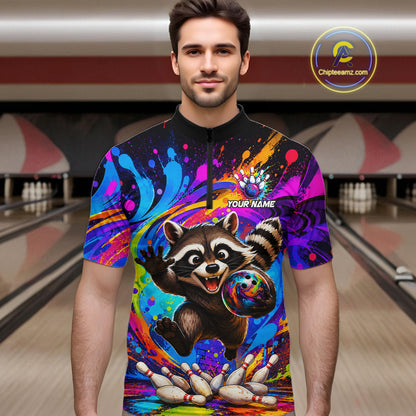 Man wearing funny colorful raccoon bowling quarter zip shirt front view.