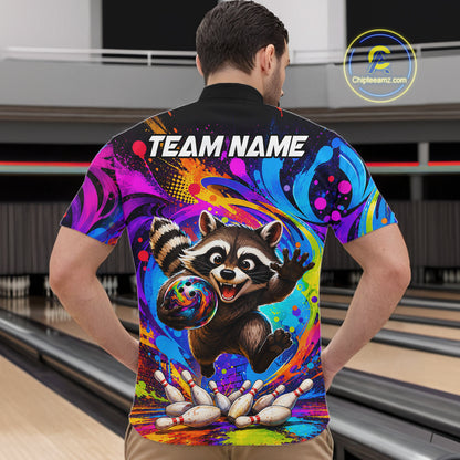 Man wearing funny colorful raccoon bowling quarter zip shirt back view.