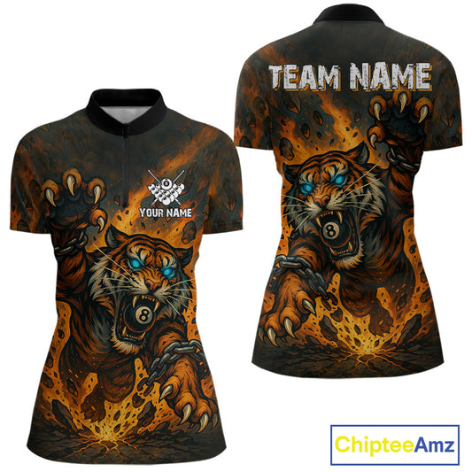Personalized 8 Ball Tiger Fire Billiard Shirt For Women Custom Pool Team Jersey Polo & 1/4 Zip TDM4538