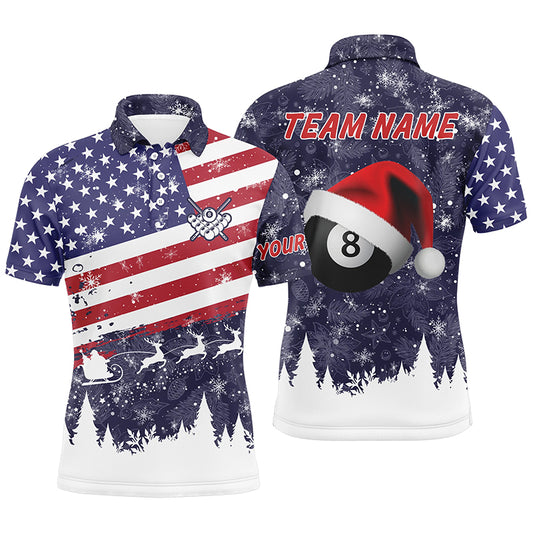 Personalized Merry Christmas American Flag Billiard Polo Shirts For Men, Patriotic Christmas Shirts TDM0523