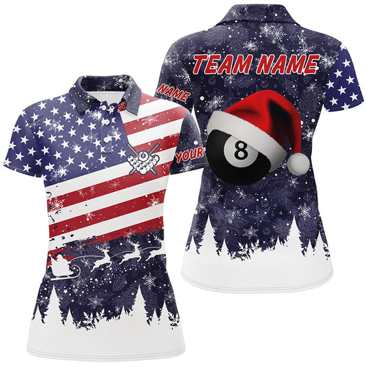 Personalized Merry Christmas American Flag Billiard Polo Shirts For Women, Patriotic Christmas Shirts TDM0523