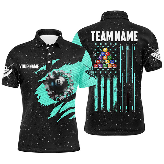 Customized Grunge American Flag 8 Ball Pool Men Billiard Polo Shirts, Pool Player Shirts |Turquoise TDM3172