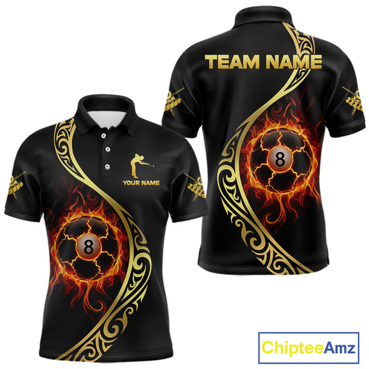 Personalized 8 Ball Fire Gold Tribal Billiard Shirt For Men, Billiard Jersey Team Polo & 1/4 Zip TDM5401