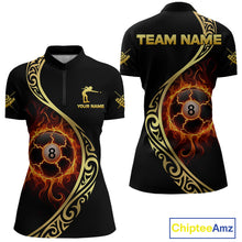 Load image into Gallery viewer, Personalized 8 Ball Fire Gold Tribal Billiard Shirt For Women, Billiard Jersey Team Polo &amp; 1/4 Zip TDM5401
