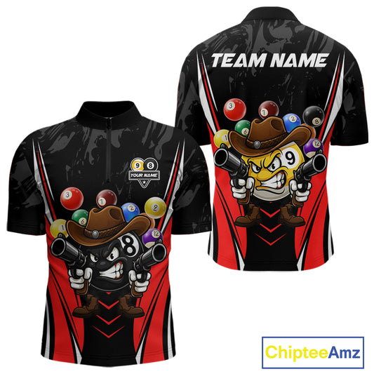 Funny 8 Ball & 9 Ball Billiard Shirt For Men Custom Black And Red Pool Team Shirt, Billiard Jersey TDM5408