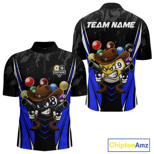 Funny 8 Ball & 9 Ball Billiard Shirt For Men Custom Black And Blue Pool Team Shirt, Billiard Jersey TDM5409