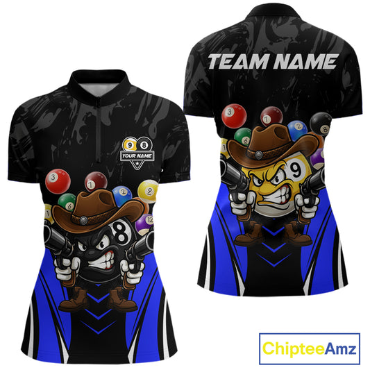 Funny 8 Ball & 9 Ball Billiard Shirt For Women Custom Black And Blue Pool Team Shirt, Billiard Jersey TDM5409