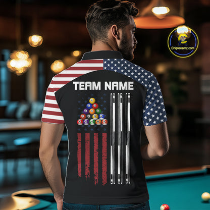 Black Grunge American Flag Billiard Shirt For Men Custom Patriotic 8 Ball Pool Team Jersey TDM5688
