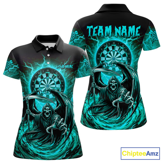 Personalized Turquoise Grim Reaper Lightning Darts Shirt For Women, Darts Team Jersey Polo & 1/4 Zip TDM5898