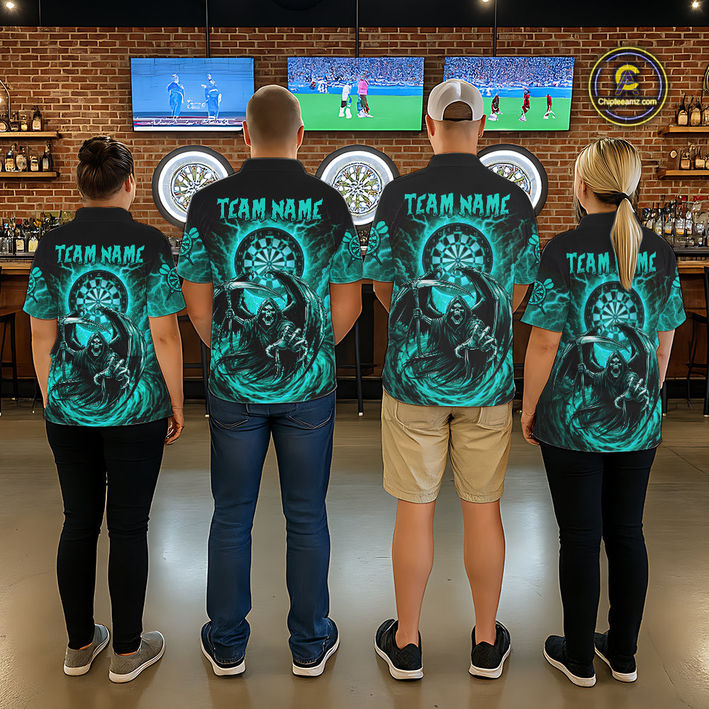 Personalized Turquoise Grim Reaper Lightning Darts Shirt For Men, Darts Team Jersey Polo & 1/4 Zip TDM5898