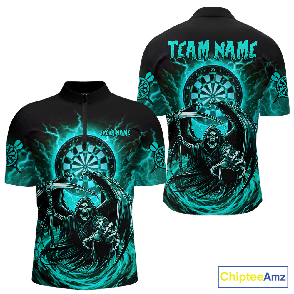 Personalized Turquoise Grim Reaper Lightning Darts Shirt For Men, Darts Team Jersey Polo & 1/4 Zip TDM5898