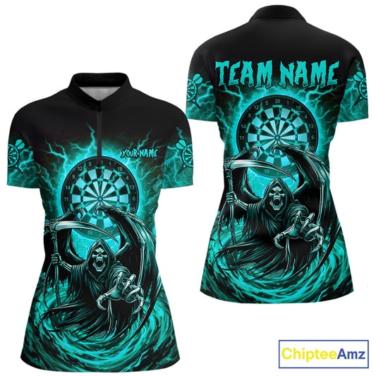 Personalized Turquoise Grim Reaper Lightning Darts Shirt For Women, Darts Team Jersey Polo & 1/4 Zip TDM5898