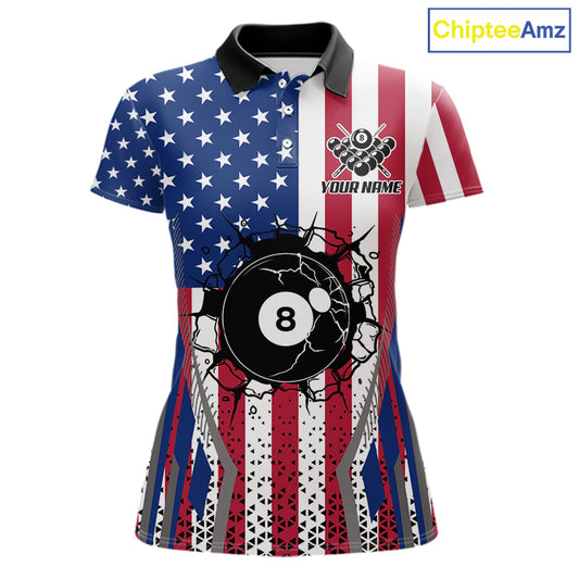 Funny Break 8 Ball Pool Billiard Shirt For Women Custom American Flag Pool Jersey Team Polo, 1/4 Zip TDM6036