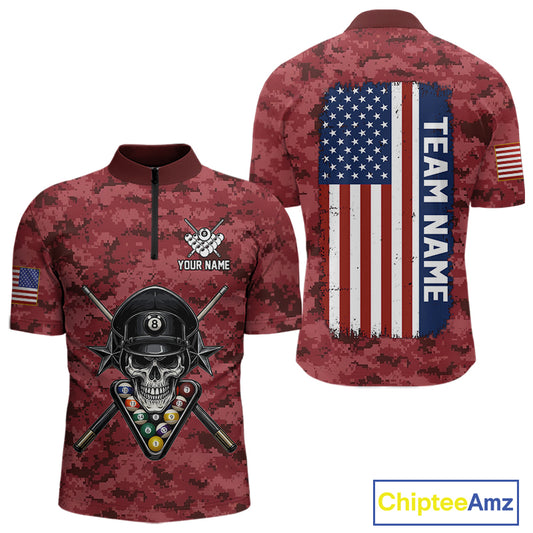 Personalized Red Camo Skull Billiard Shirt For Men Custom Patriotic US Flag Pool Team Jersey TDM5165