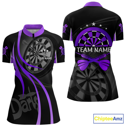 Black And Purple Darts Jersey For Women Custom Team Polo & Quarter Zip Darts Shirt Uniform TDM5412