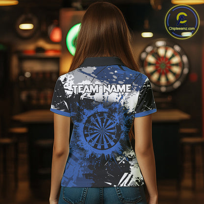 Custom Blue Grunge Darts Shirt With Pocket Option For Women, Dart Team Jersey TDM3538