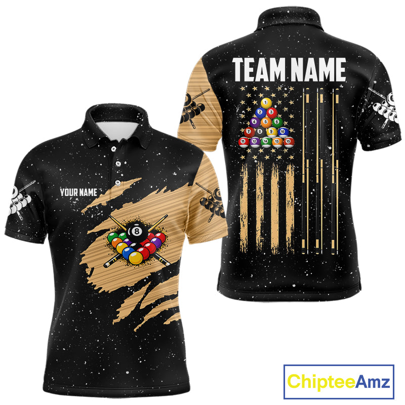 Custom Grunge American Flag 8 Ball Billiard Polo & 1/4 Zip For Men, Pool Team Jersey |Beige TDM5901