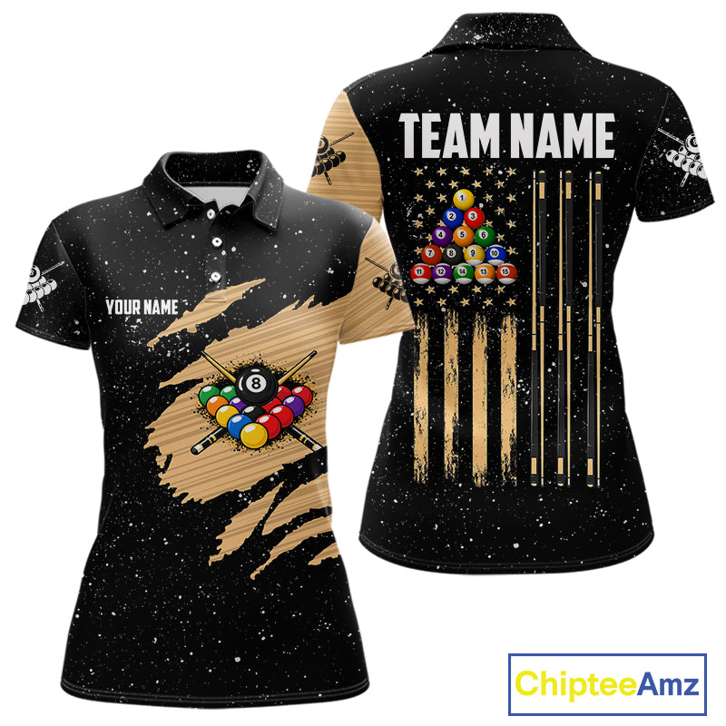 Custom Grunge American Flag 8 Ball Billiard Polo & 1/4 Zip For Women, Pool Team Jersey |Beige TDM5901