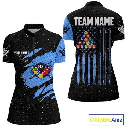 Custom Grunge American Flag 8 Ball Billiard Polo & 1/4 Zip For Women, Pool Team Jersey |Blue TDM5902
