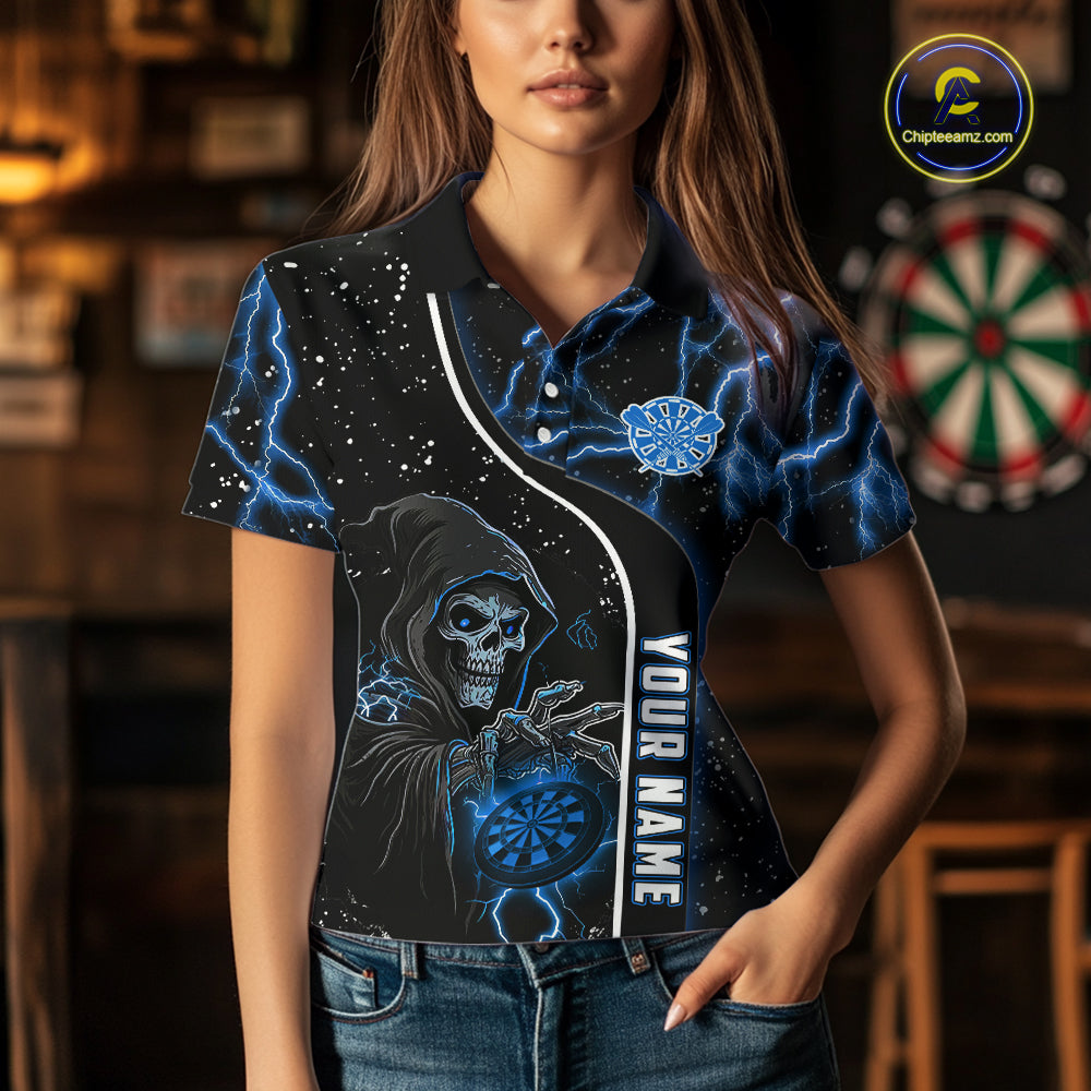 Custom Blue Darts Lightning Grim Reaper Polo & 1/4 Zip, Darts Shirt For Women, Darts Team Jersey TDM6308