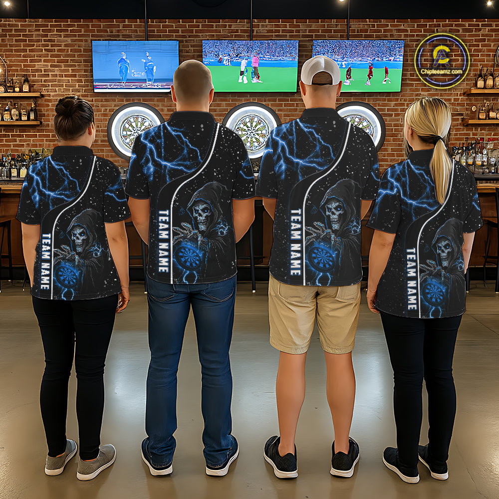 Custom Blue Darts Lightning Grim Reaper Polo & 1/4 Zip, Darts Shirt For Men, Darts Team Jersey TDM6308