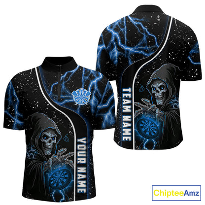 Custom Blue Darts Lightning Grim Reaper Polo & 1/4 Zip, Darts Shirt For Men, Darts Team Jersey TDM6308
