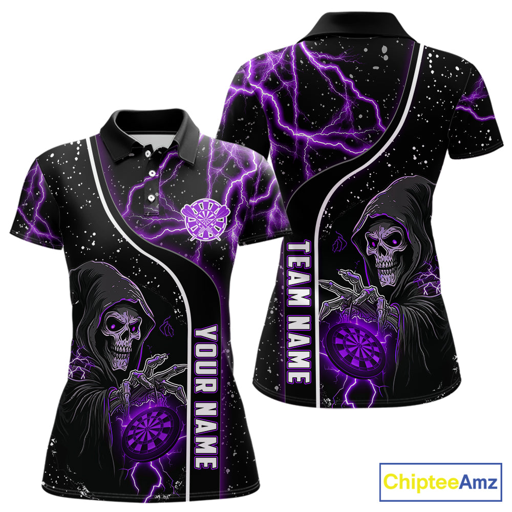 Custom Purple Darts Lightning Grim Reaper Polo & 1/4 Zip, Darts Shirt For Women, Darts Team Jersey TDM6309